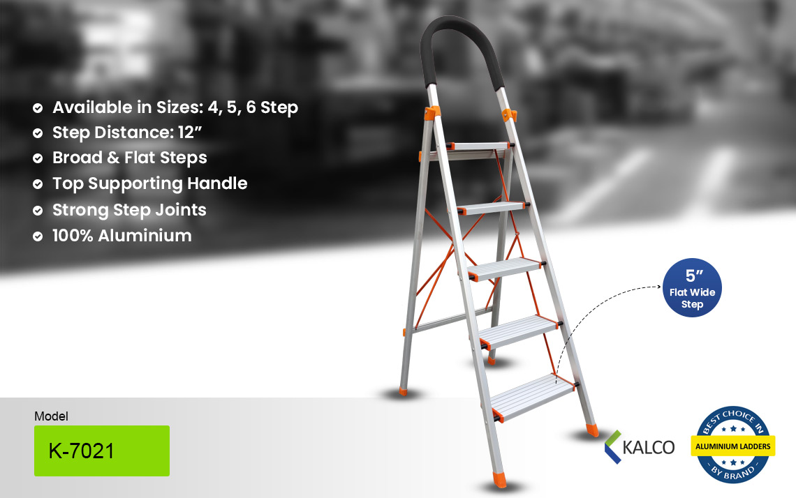 Broad Step Foldable Aluminium Ladder with Top Support Handle K-7021